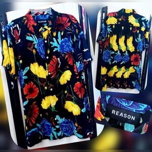 Reason Men's Floral Casual Button Down Shirt - Black, Blue, Yellow, Red Size Lg